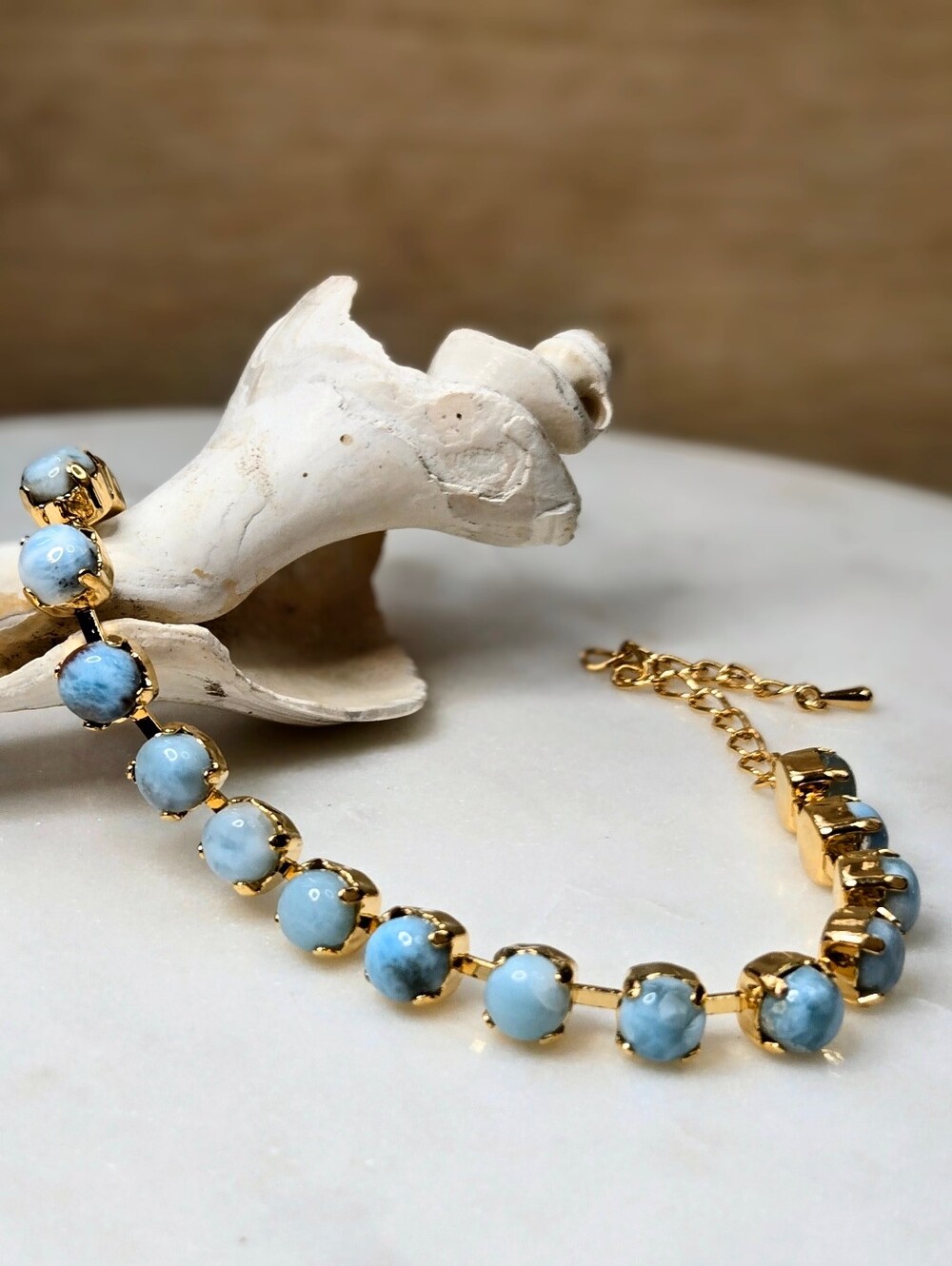 Natural Dominican Larimar in Classic Tennis Gold or Silver Plated Bracelet